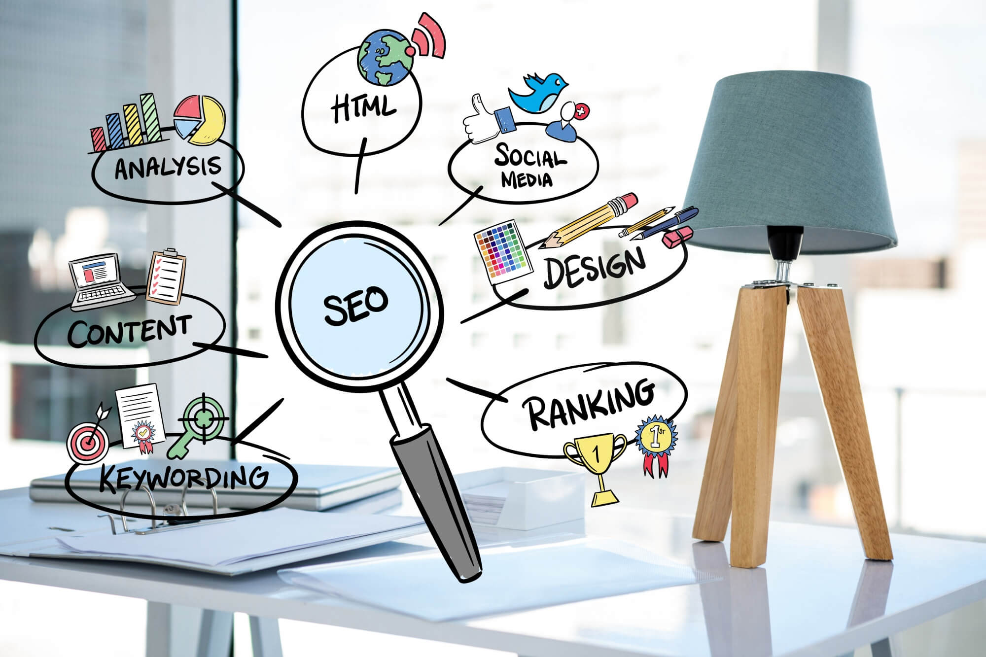 Magnifying glass with seo concepts Darstellung SEO Raknist GmbH