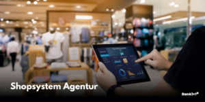 Manager using digital tablet on blurred Store rankist seo agentur